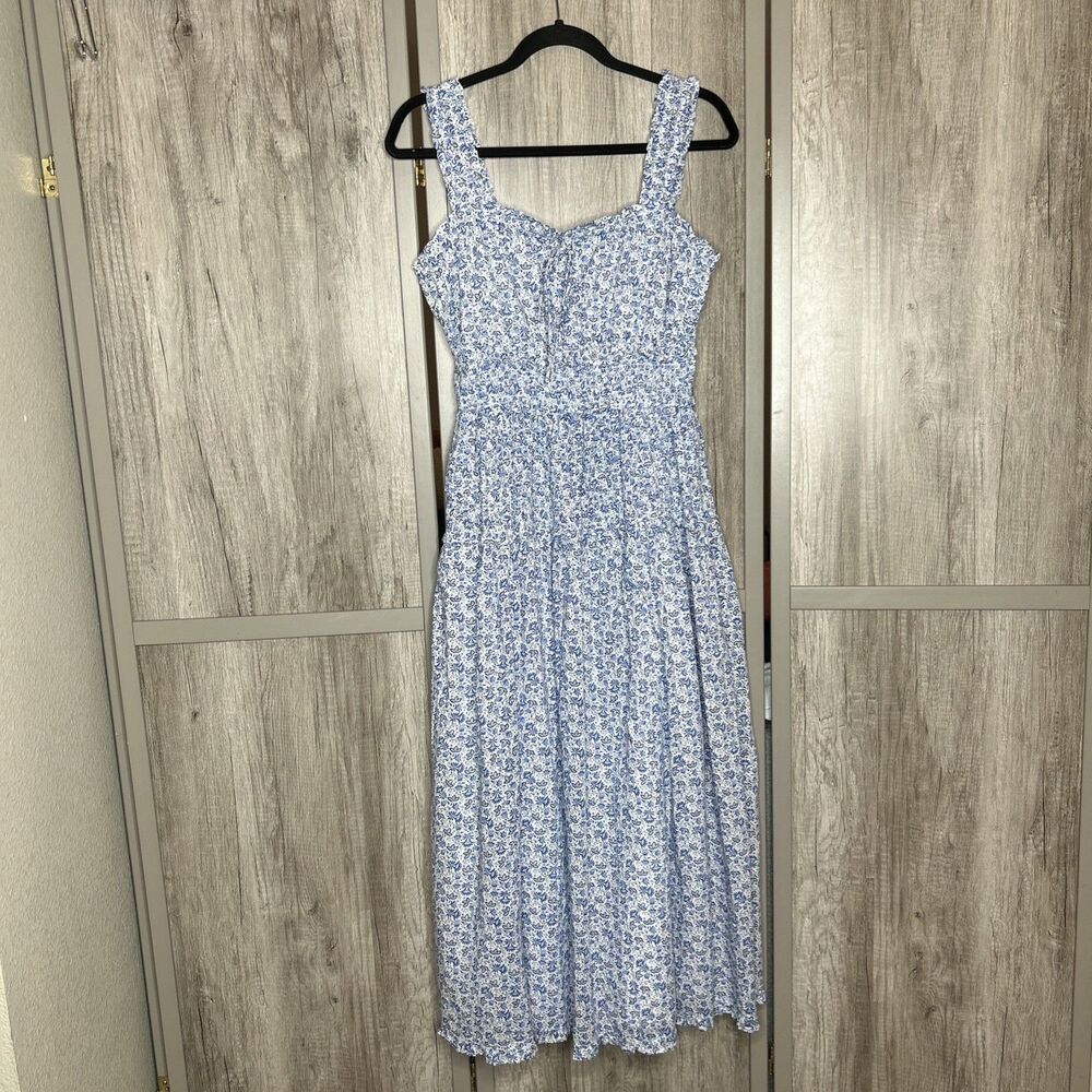 Gap x Doen Dress Midi Floral Milkmaid Coastal Blue White NWT
